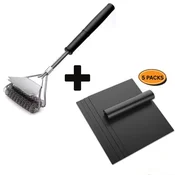 Netscroll Set podlog za žar s krtačo za čiščenje, 5 črnih nelepljivih podlog za večkratno uporabo in 43 cm krtača s strgalom za različne vrste žarov, GrillBundle