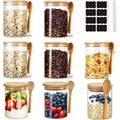 Komplet 8 steklenih kuhinjskih kozarcev 540 ml, borosilikatno steklo, naravni leseni pokrovi s tesnilom, BPA-free, primerno za shranjevanje živil, kavo, čaj, oreščke, začimbe, prihranek prostora