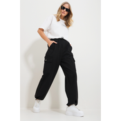 Trend Alaçati Stili Womens Black Waist And Leg Elastic Pocket Cargo Jogger Trousers