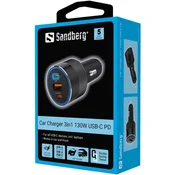 Sandberg Car Charger 3 v 1 130W USB-C PD avtomobilski polnilnik