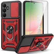 Overboard Oklepni ovitek za Samsung Galaxy A56 5G, CamShield Slide, rdeč + kaljeno steklo 9H
