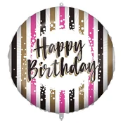Rojstnodarski folija balon – z napisom „Happy Birthday”, z zlato-črno-roza črtastim dizajnom, 46 cm