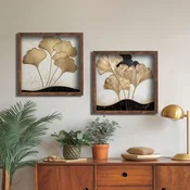 WallXpert set uramljenih MDF slika DOS083-70, zlatni listovi ginka iznad crnih talasa na svetloj pozadini, 2 x 70 x 70 cm