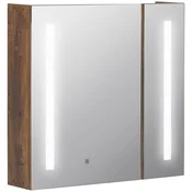 KLEANKIN Ogledalo za kopalnico s predalom z nastavljivimi LED lučmi, kopalniška omarica z 2 zrcalnimi vrati in nastavljivo polico, 70x15x65cm, rjava