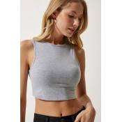 Happiness Istanbul Womens Gray Barbell Neck Crop Knitted Blouse