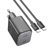 HOCO stenski polnilec 2 x Type-C + kabel Type-C v Type-C PD QC 45W GaN N42 črn