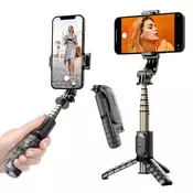Selfie stick Techsuit Q10 z Bluetooth daljincem, stabilnim stojalom, LED lučko in 360° rotacijo, 68cm - črn