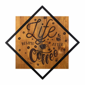 Lesena/kovinska stenska dekoracija 54x54 cm Life Begins After Coffee – Wallity