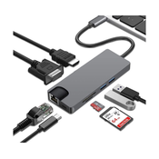 E-GREEN Adapter USB 3.1 Tip C (M) HDMI+VGA+2X 3.0 USB + tip C + SD (F) + RJ45