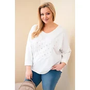Ženska bluza plus size z V-izrezom, bela