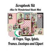 Scrapbook Kit: Alice In Wonderland Blush Mint, 18 Pages, Tags, Labels, Frames, Envelopes and Clipart