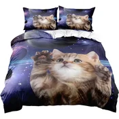 Otroška posteljnina 3-delni komplet Purple Star Cat, mikrovlakna 200x200 cm, 2x vzglavnik 65x65 cm, dvostranski 3D tisk, zadrga, mehka, zračna, za otroško sobo
