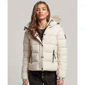 Superdry za ženske. W5011569A Kratka prešita jakna s kapuco in oblazinjenjem iz umetnega krzna v sivi barvi (XL), Priložnostno, Si