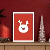 WallXpert novogodišnja uramljena MDF slika 3752CHRCT-004, glava irvasa sa crvenim nosom na crvenoj pozadini, 37 x 52 cm
