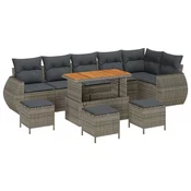 Set od 10 komada vrtnog sofa s jastučićima siva poly ratan akacija Set od 4 komada vrtnog blagovaonskog stola s jastučićima siv