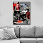 WallXpert slika na platnu 739332250_70100, jazz kolaž sa pijanistom u crvenim i sivim tonovima, 70 x 100 cm