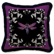 Casa Padrino luxury decorative pillow dragonfly and flowers purple/gray/black 45 x 45 cm - Printed velvet cushion with fringes - Luxury decorative accessories