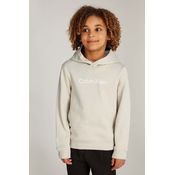 Otroški bombažen pulover Calvin Klein Jeans bež barva, s kapuco, IU0IU00679