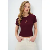 Trend Alacati Stili Ženska bluza kratkih rukava Alc-X13672, Okrugli izrez, Bordo