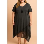 Plus size obleka s čipko, siva