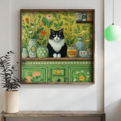WallXpert uramljena MDF slika DOS011-33, crno-bela macka medu ukrasnim vazama na zelenoj komodi, 34 x 34 cm