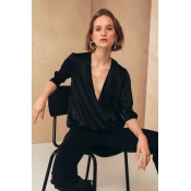 Mione Ženska svilena bluza na preklop, Crna