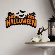 WallXpert zidna dekoracija od MDF-a HALMDF-012, natpis Halloween sa bundevama i slepim miševima, 49 x 28 cm