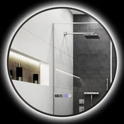 HOMCOM Ogledalo za kopalnico z prilagodljivo LED lučjo, okroglo ogledalo proti megli 70 cm, stensko ogledalo s smart touch z prikazom časa in temperature in funkcijo spomina, IP44, črno