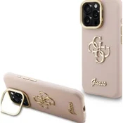 Guess PU Grained 4G Logo stojalo z okvirjem zadnji ovitek za iPhone 15 Pro Max roza