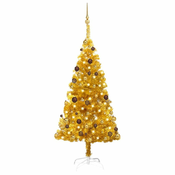 Greatstore Umetna novoletna jelka z LED lučkami in bučkami zlata 150 cm