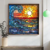WallXpert uramljena MDF slika DOS027-33, zalazak sunca nad talasima u stilu vitraža, 34 x 34 cm