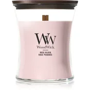 Woodwick Rose Blush dišeča sveča z lesenim stenjem 275 g
