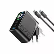 CellularLine PowerView IQ 67W GaN - Set, omrežni polnilnik s TFT zaslonom, tremi vhodi in priloženim kablom, črni (ACHTFTKITC2C67WK)