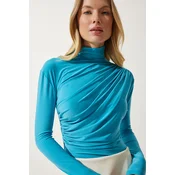 Happiness Istanbul Womens Turquoise Gathered Detailed High Neck Sandy Blouse