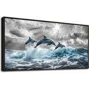 Nikcorp Slika na platnu Delfini u crnom okviru od punog drva, HD ispis otporan na vlagu, moderna zidna dekoracija, 50x100 cm