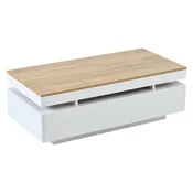 SONNENH Klubska mizica 100 x 50 x 35 cm, bela in rjav lesni dekor, dva predala na nasprotnih koncih, trije odprti predeli ter LED USB 5 V/2 A z aplikacijo