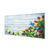 tulup.si Slika na akrilnem steklu Jajca tulipani metulj 140x70 cm 4 obešalnika