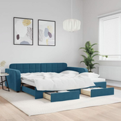 Greatstore Izvlečna dnevna postelja s predali modra 100x200 cm žamet