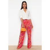 Trendyol Pink Wide Leg Patterned Woven Trousers with Elastic Waist Tie Detail