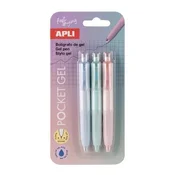 Gel pisalo, mini, 0,5 mm, stiskalni mehanizem, APLI Pocket Gel, mešanica pastelnih barv, 3 kosi
