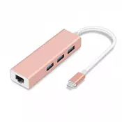 Adapter Type C na 3 USB 3.0 + RJ45 Gb JWD-T5 roze