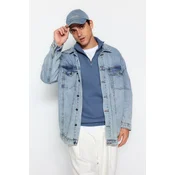 Trendyol Blue Regular Cut Stand Collar Zippered Cotton Basic Sweatshirt