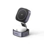 Ugreen 3v1 indukcijski polnilnik MagSafe Qi2 USB-C za telefon slušalke - črn