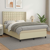 Greatstore Box spring postelja z vzmetnico krem 140x190 cm umetno usnje