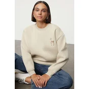Trendyol Stone Animal Embroidered Regular/Normal Fit Thick Inside Fleece Knitted Sweatshirt