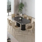 Hanah Home trpezarijski set Galya, sto i 6 stolica, ploca u dekoru crnog mermera, hromirane noge, kapucino tkanina Babyface