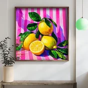WallXpert uramljena MDF slika DOS008-70, limunovi sa listovima na ružicastim prugama, 70 x 70 cm