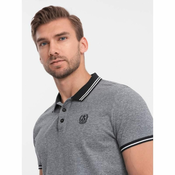 OMBRE Moška polo majica melanž s črtastim ovratnikom črna melanž MDN126052 XXL