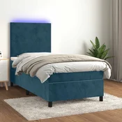 Greatstore Box spring postelja z vzmetnico LED temno modra 100x200cm žamet