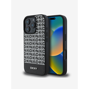 DKNY PU Leather Repeat Pattern Bottom Stripe MagSafe Zadní Kryt pro iPhone 16 Pro Black Ovitek za telefon Vijolična